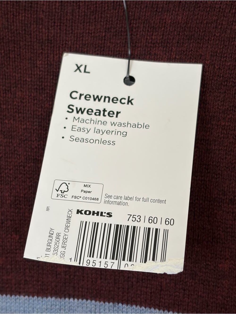 Sonoma Men's Maroon Crewneck Sweater with Navy & Light Blue Stripes—NWT! - Picture 3 of 4